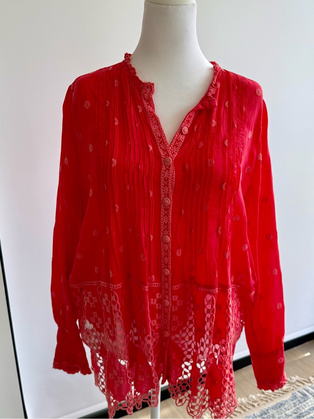 Johnny Was Red Lace-Trim Button Down Blouse